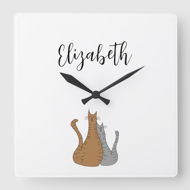 Cat Cartoon Drawing Tabby Kitties Kids Square Wall Clock (Front)