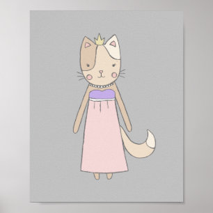 Cat cartoon girl princess pink nursery poster