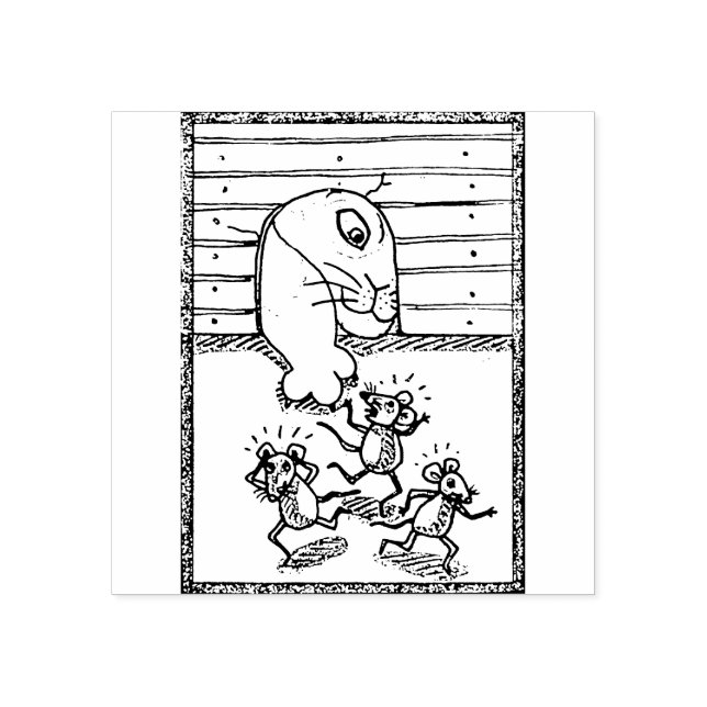CAT CATCHING MICE, MOUSE HOLE RUBBER STAMP (Imprint)