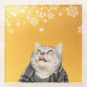 Cat Catching Snowflakes Winter Glass Coaster