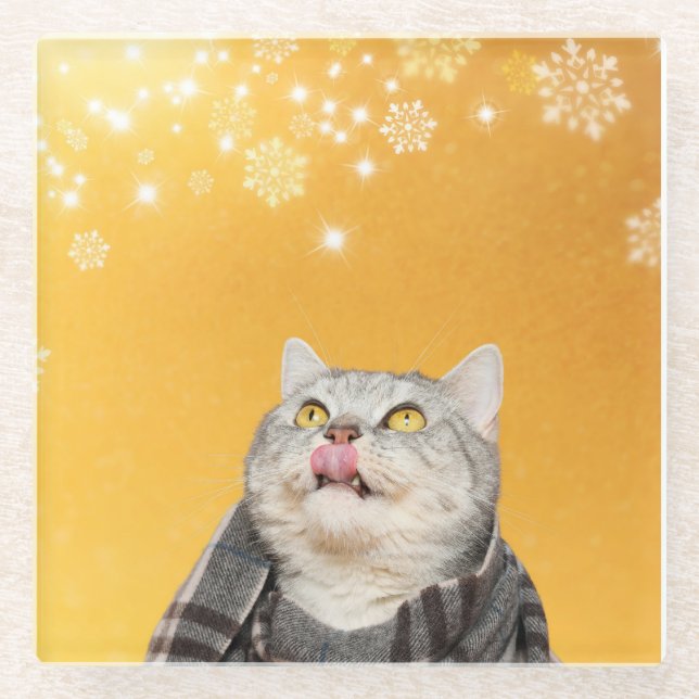 Cat Catching Snowflakes Winter Glass Coaster (Front)