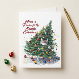 Cat Chaos Christmas Tree Design Watercolor Holiday Card
