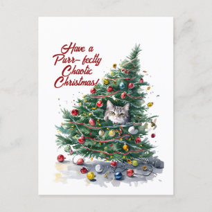 Cat Chaos Christmas Tree Design Watercolor Holiday Postcard