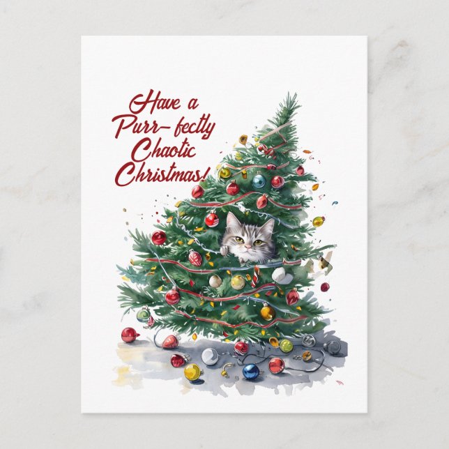 Cat Chaos Christmas Tree Design Watercolor Holiday Postcard (Front)