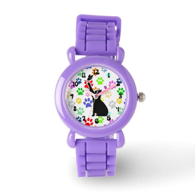 Cat Chasing a butterfly on Cute Paw Pattern Watch (Front)