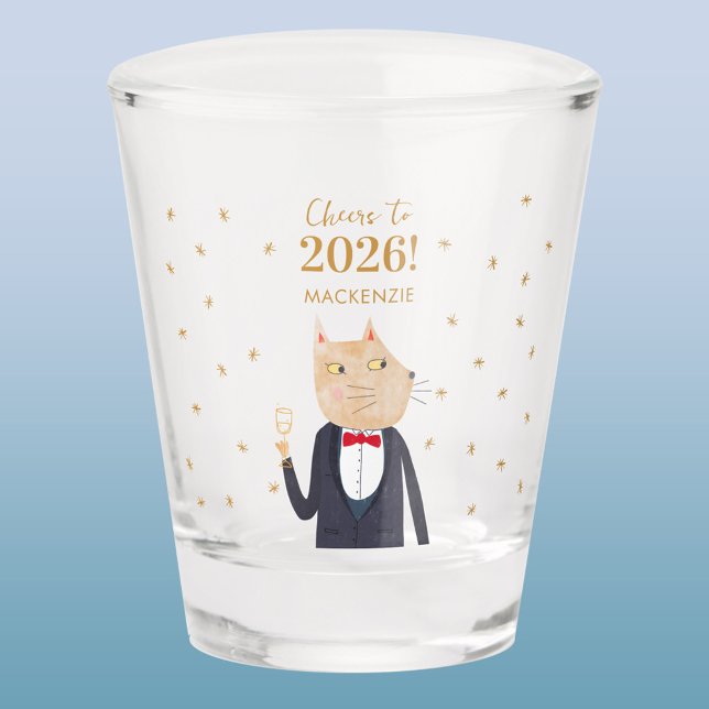Cat Cheers to 2026 New Year Personalized Name Shot Glass (Fun Cat in Tuxedo Suit personalized custom name and text Cheers to 2026 New Year shot glass)