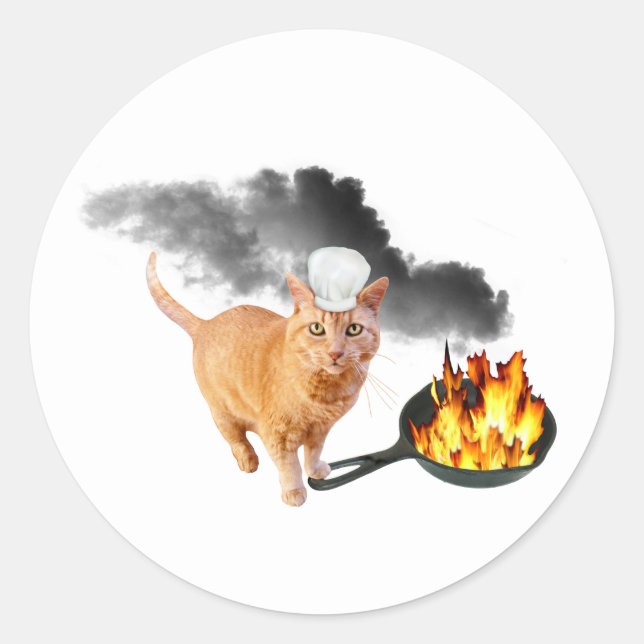 Cat Chef with Flaming Frying Pan Stickers (Front)