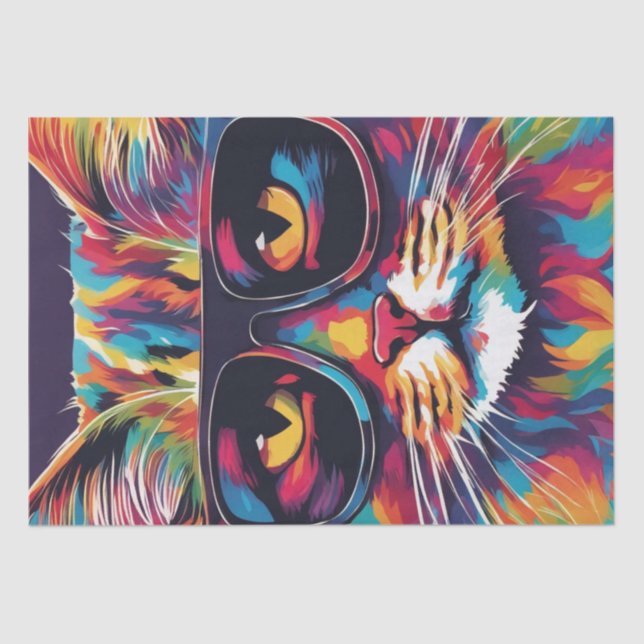 Cat Chic: Colourful Pop Art Cat in Sunglasses Deco Tissue Paper (Front)
