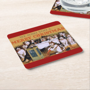 Cat Christmas Choir Square Paper Coaster