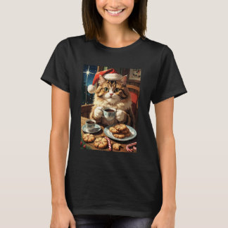 Cat & Christmas Cookies Tee, Cute Cat Santa Hat Fu T-Shirt