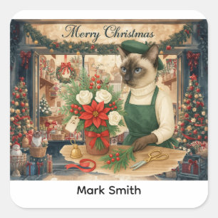 Cat Christmas Flowers in Florist Shop Square Sticker