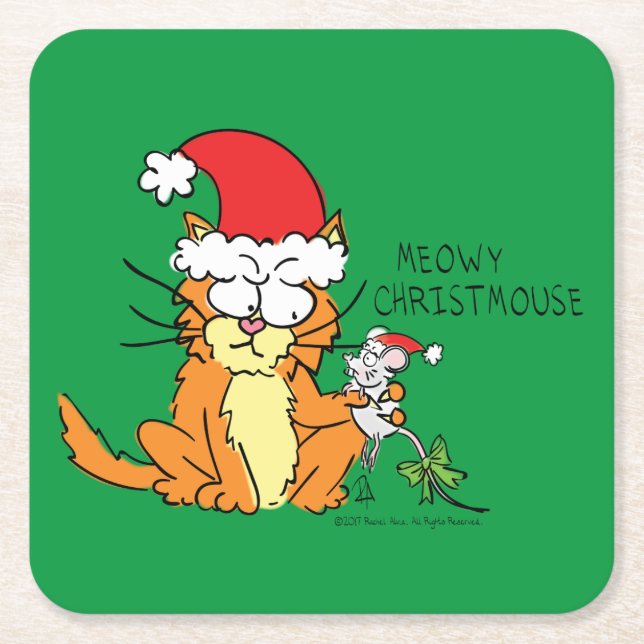 Cat Christmas Funny Square Paper Coaster (Front)