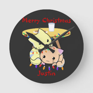 Cat christmas gift, personalised name round clock