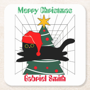 cat christmas gifts, personalised name   square paper coaster