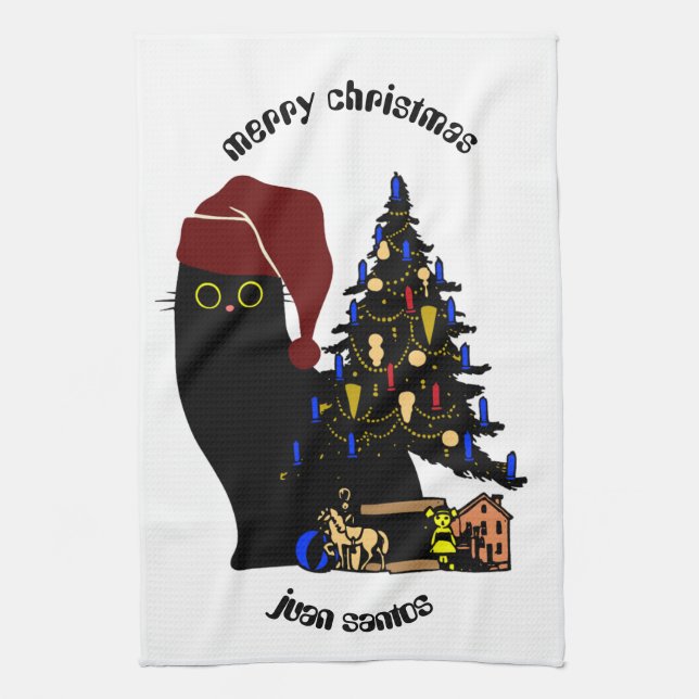 cat christmas gifts, personalised name  tea towel (Vertical)