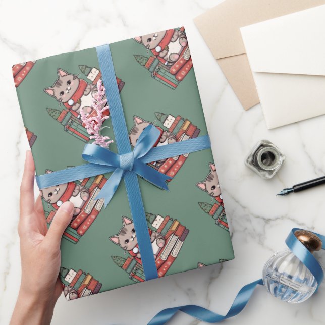 Cat Christmas Green wrapping paper (Gifting)