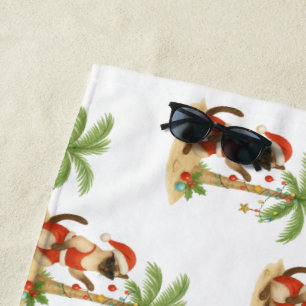 Cat Christmas in July Hawaiian Red Hibiscus flower Beach Towel
