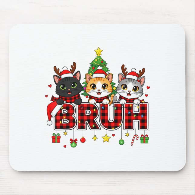 Cat Christmas Light Reindeer Santa Bruh Funny  Mouse Pad (Front)