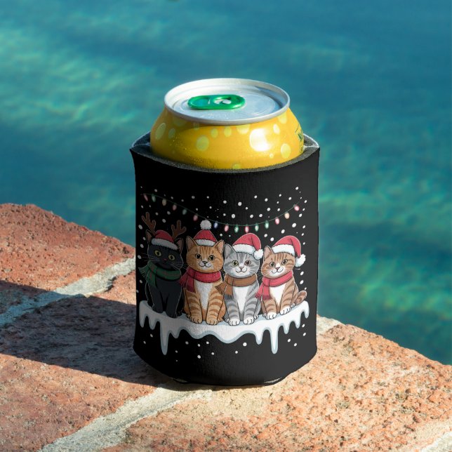 Cat Christmas Light Reindeer Santa Cat Lover Can Cooler (In Situ Pool)