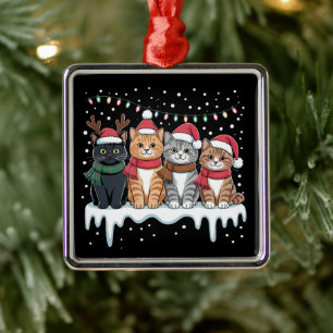 Cat Christmas Light Reindeer Santa Cat Lover Metal Ornament