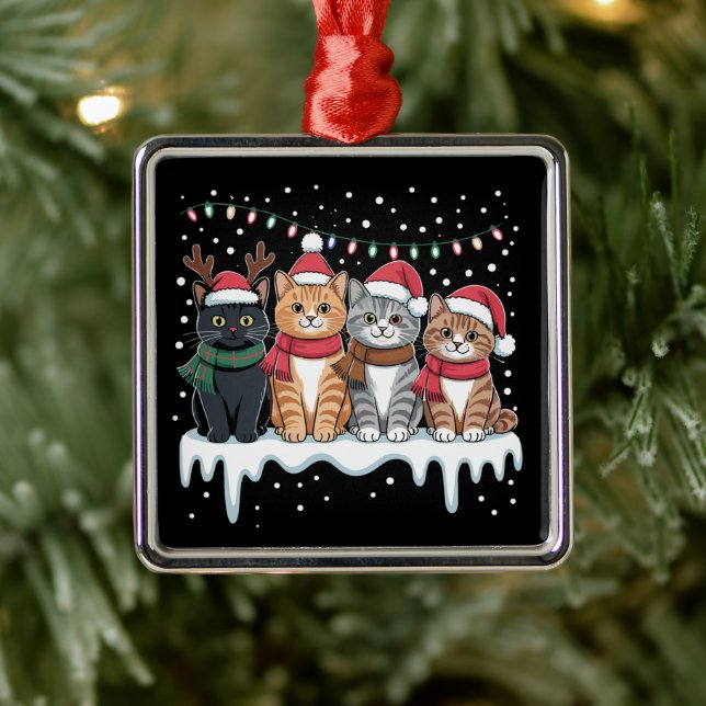 Cat Christmas Light Reindeer Santa Cat Lover Metal Ornament (Tree)