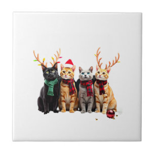 Cat Christmas Light Reindeer Santa Christmas Cat L Ceramic Tile