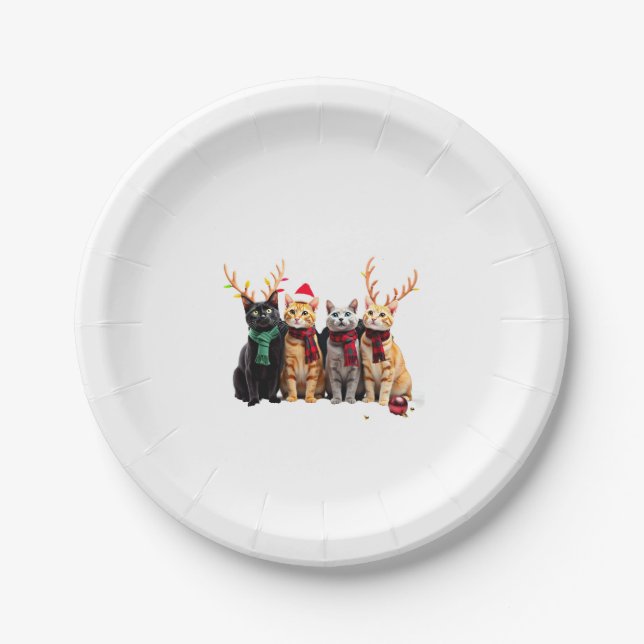 Cat Christmas Light Reindeer Santa Christmas Cat L Paper Plate (Front)