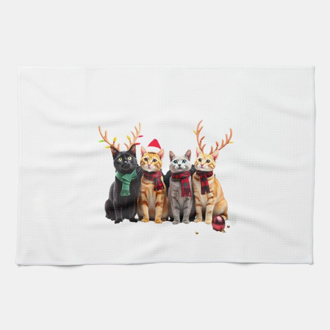 Cat Christmas Light Reindeer Santa Christmas Cat L Tea Towel (Horizontal)