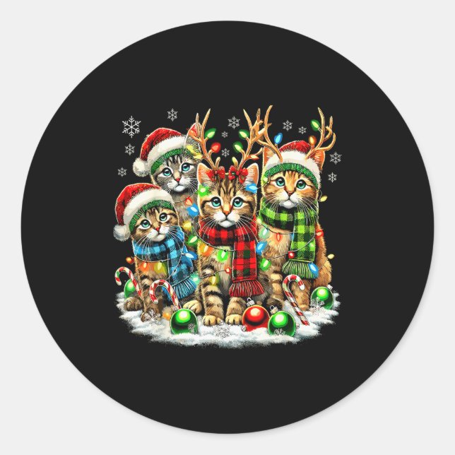 Cat Christmas Light Reindeer Santa Christmas Cats  Classic Round Sticker (Front)