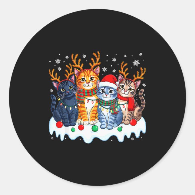 Cat Christmas Light Reindeer Santa Christmas Funny Classic Round Sticker (Front)