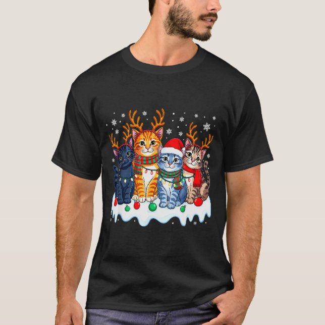 Cat Christmas Light Reindeer Santa Christmas Funny T-Shirt (Front)