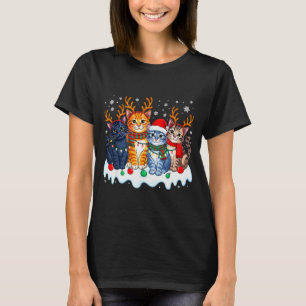 Cat Christmas Light Reindeer Santa Christmas Funny T-Shirt