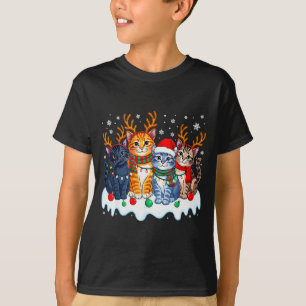 Cat Christmas Light Reindeer Santa Christmas Funny T-Shirt