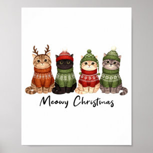 Cat Christmas Light Reindeer Santa Meowy Christmas Poster