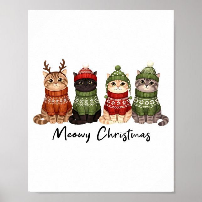 Cat Christmas Light Reindeer Santa Meowy Christmas Poster (Front)