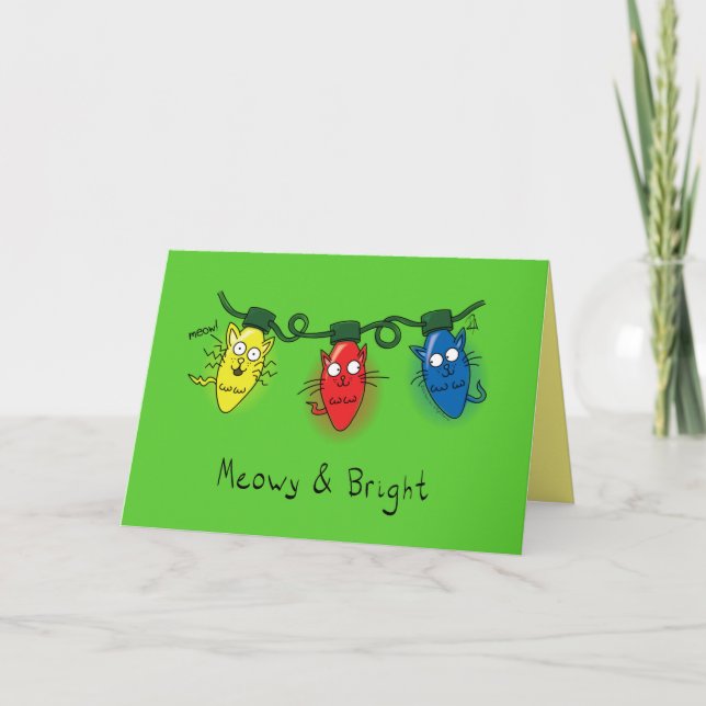 Cat Christmas Lights Funny Meowy and Bright Card (Front)