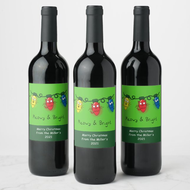 Cat Christmas Lights Funny Meowy and Bright Wine Label (Bottles)