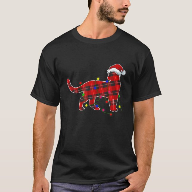 Cat Christmas Lights Funny Red Plaid Dog Dad Mum T-Shirt (Front)