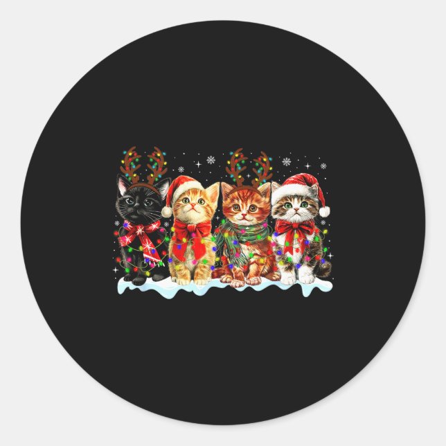 Cat Christmas Lights Reindeer Santa Cat Lover Xmas Classic Round Sticker (Front)