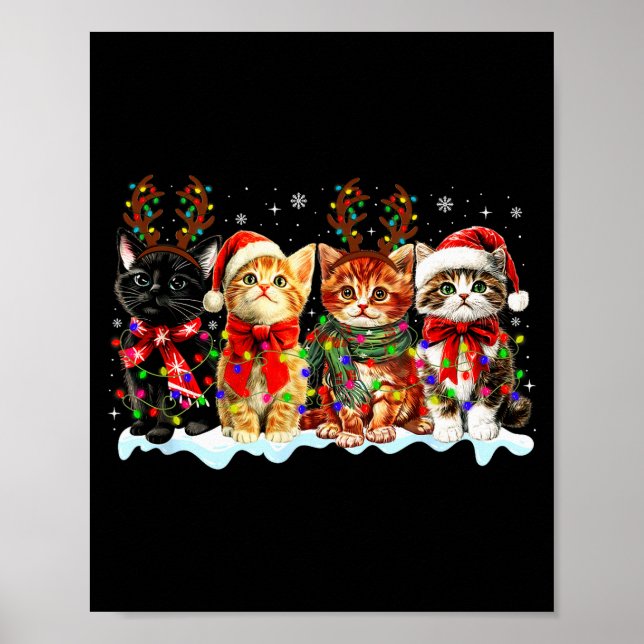 Cat Christmas Lights Reindeer Santa Cat Lover Xmas Poster (Front)