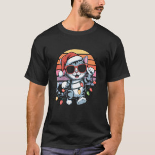 Cat Christmas Lights Retro Sunset Holiday Vibes T-Shirt