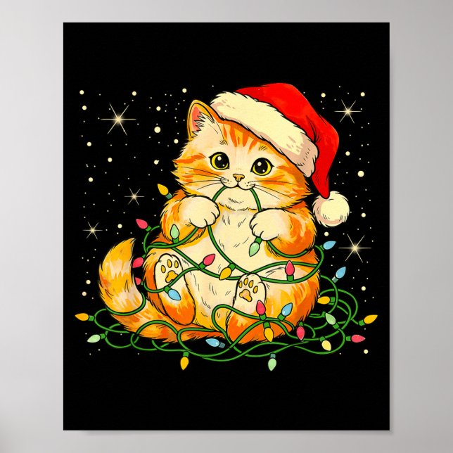 Cat Christmas Lights Santa Hat Xmas Cats Lover Pet Poster (Front)