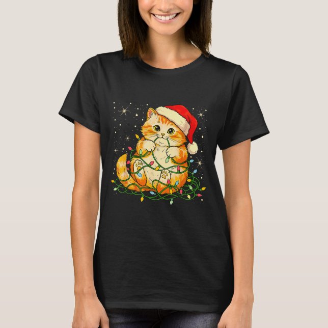 Cat Christmas Lights Santa Hat Xmas Cats Lover Pet T-Shirt (Front)