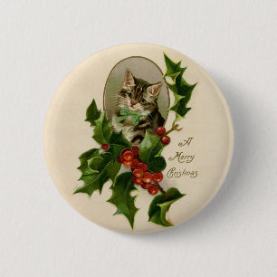 Cat Christmas Merry Holly Kitten Antique Art 6 Cm Round Badge