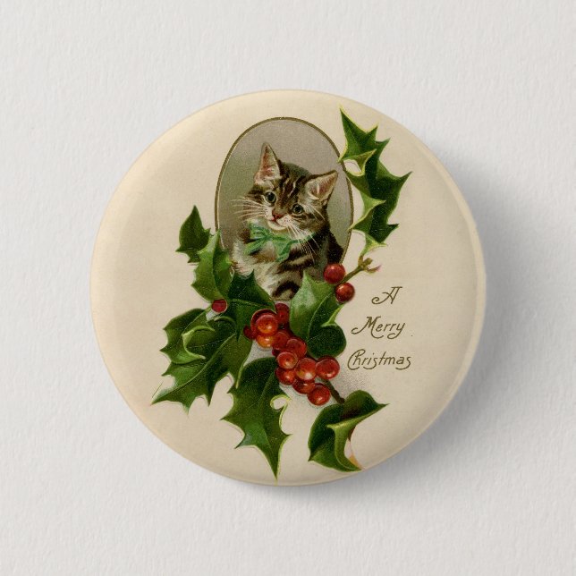 Cat Christmas Merry Holly Kitten Antique Art 6 Cm Round Badge (Front)