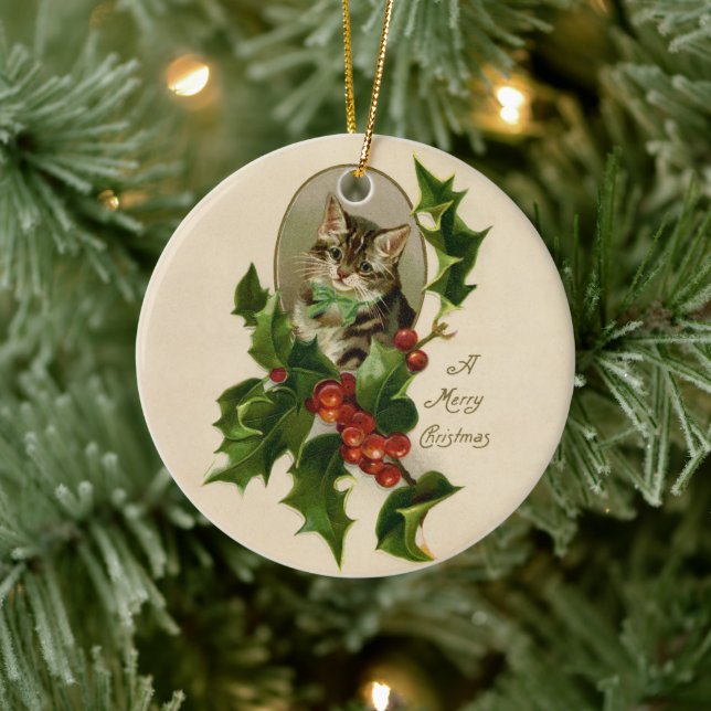 Cat Christmas Merry Holly Kitten Antique Art Ceramic Ornament (Tree)