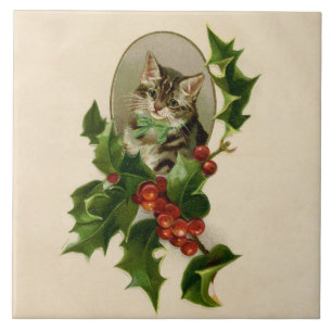 Cat Christmas Merry Holly Kitten Antique Art Ceramic Tile