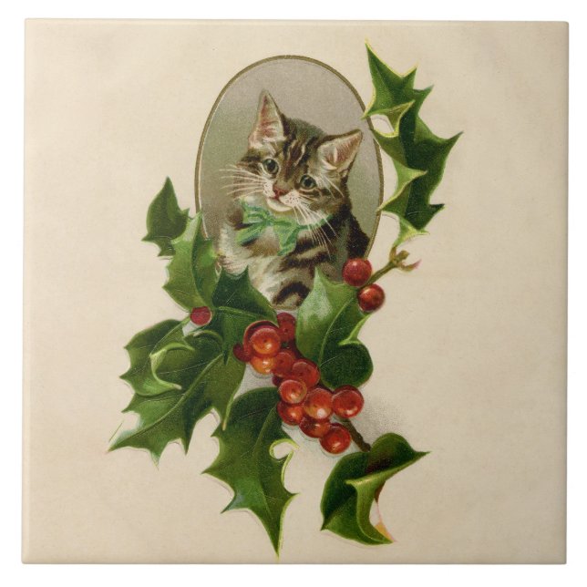 Cat Christmas Merry Holly Kitten Antique Art Ceramic Tile (Front)