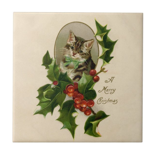 Cat Christmas Merry Holly Kitten Antique Art Ceramic Tile (Front)