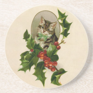 Cat Christmas Merry Holly Kitten Antique Art Coaster